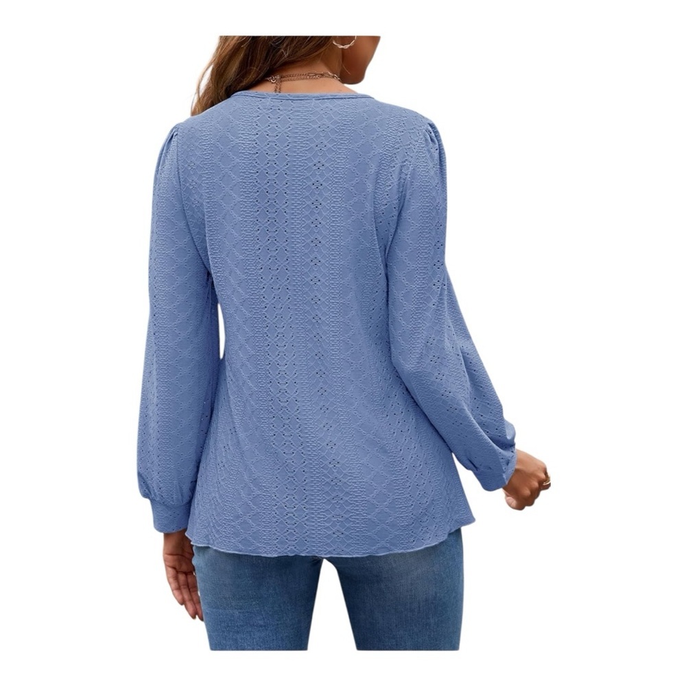 Zesica Light Blue Eyelet Long-Sleeve Blouse- M - Picture 2 of 12